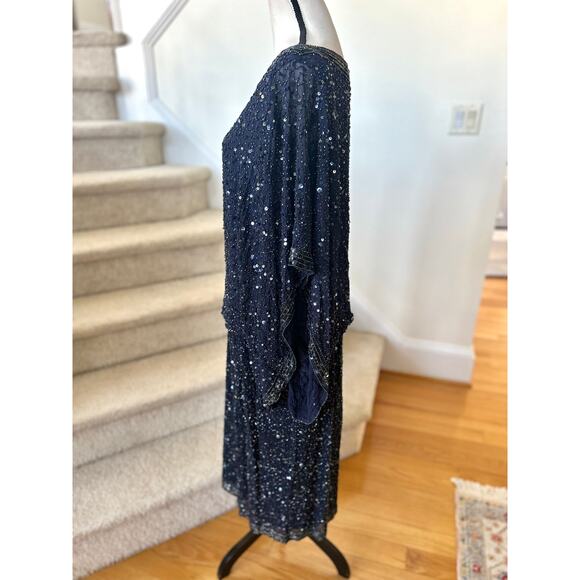 Patra Navy Beaded Silk Draped Scoop Neck Cocktail Dress - Picture 4 of 9